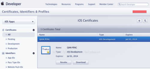 点击Download下载创建好的发布证书（cer后缀的文件），然后点击Done，你创建的发布证书就会存储在帐号中