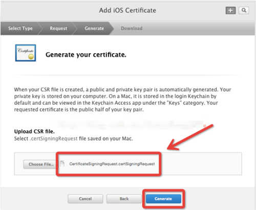 点击choose File.. 选择创建好的证书请求文件：CertificateSigningRequest.certSigningRequest 文件，点击Generate