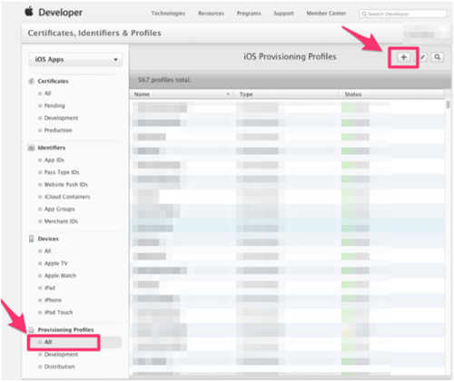 找到Provisioning Profiles ，点击All，然后点击右上角 + 号