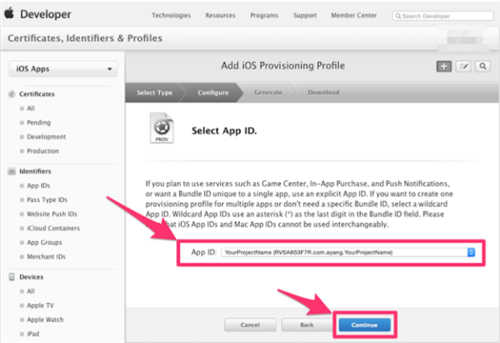 在App ID 这个选项栏里面找到你刚刚创建的：App IDs（Bundle ID） 类型的套装，点击Continue